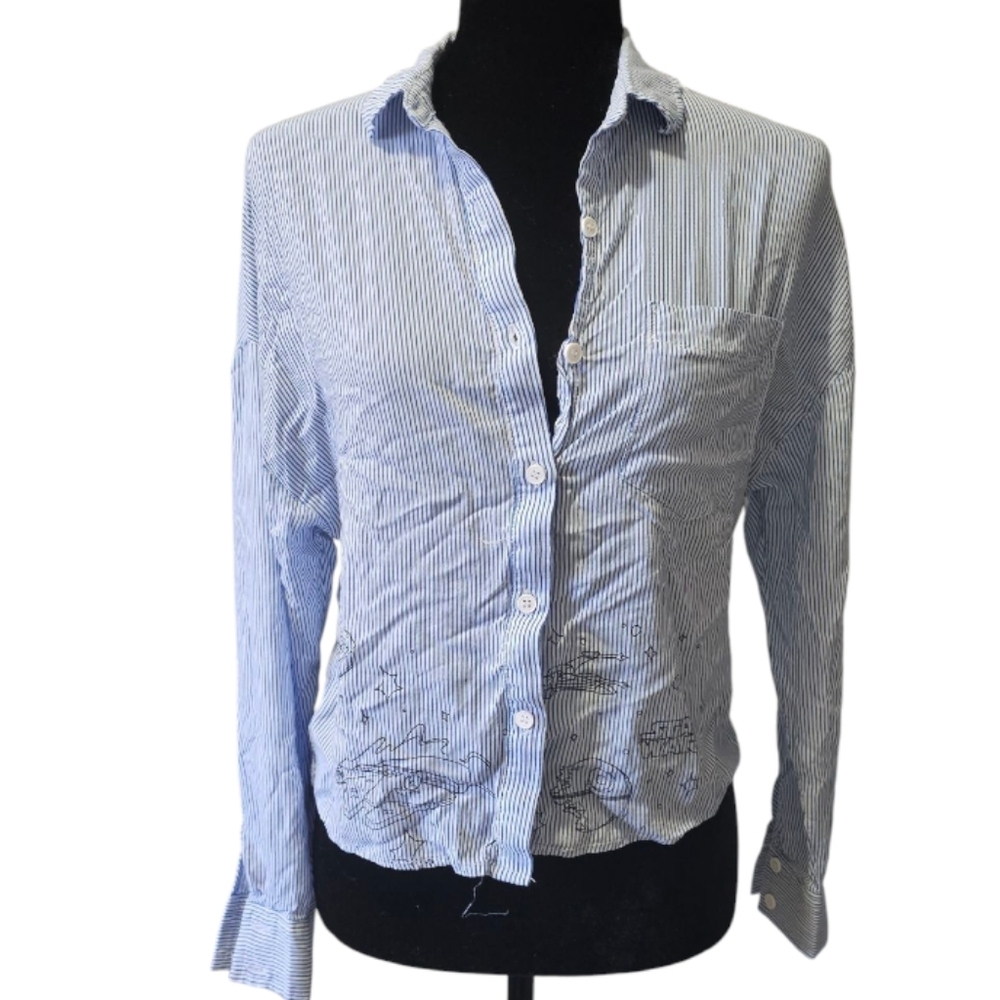 Star Wars embroidery Blue Striped Button Down Shirt Size XS